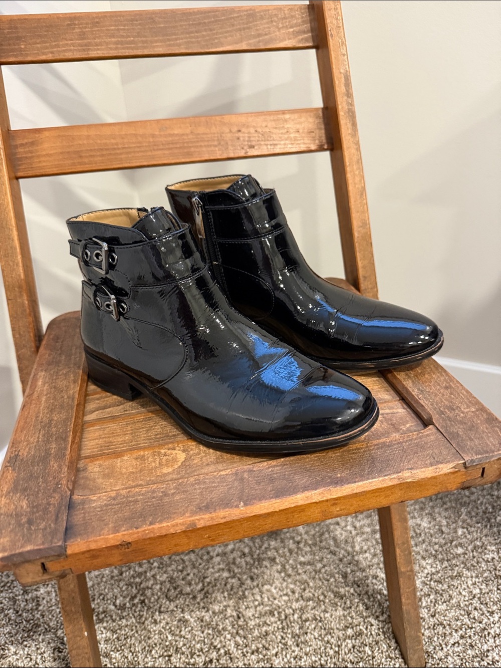 Franco Sarto Riddick Black Patent Leather Double Buckle Ankle Boots